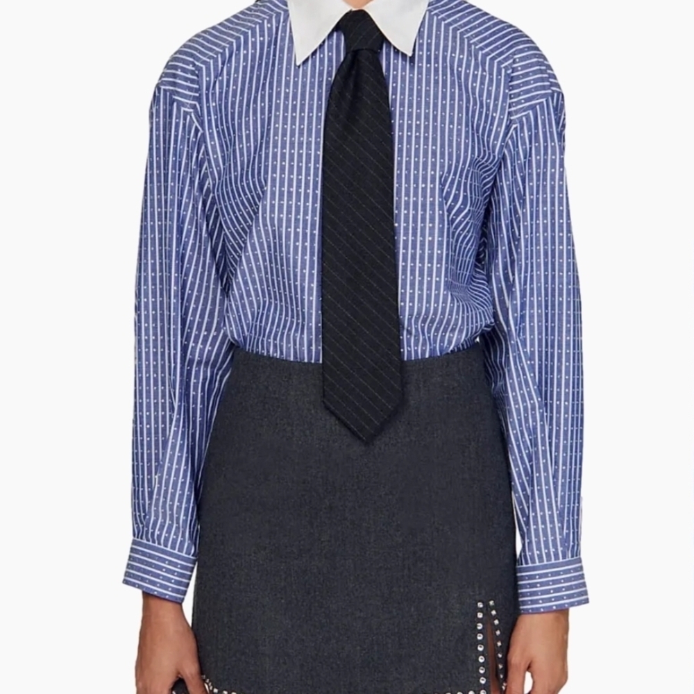 Sandro Blue Striped Button-Front Shirt with White Collar - Picture 6 of 10